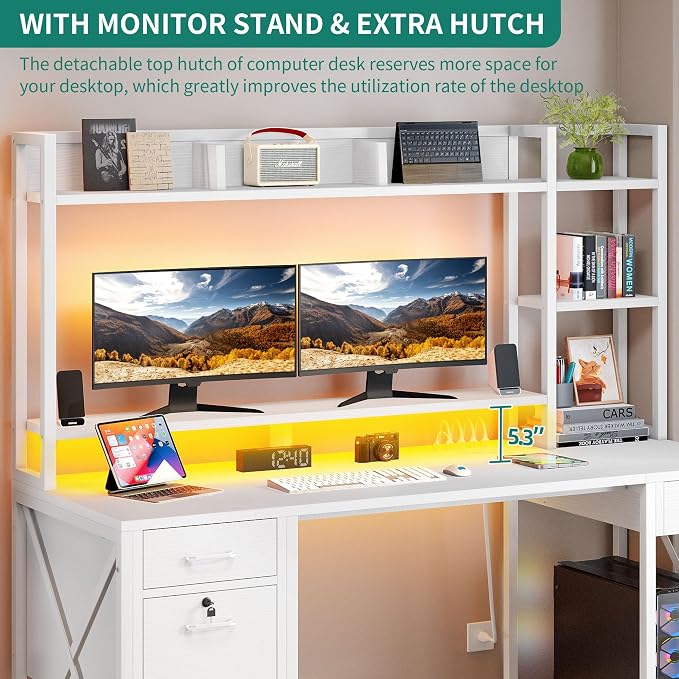 YITAHOME 59.1" Computer Desk with Drawers & Hutch, Power & LED, White | Hutch & Drawers, Monitor Stand, Power Outlets, LED Lights, Storage Shelves, for Home Office Gaming, Easy Assembly