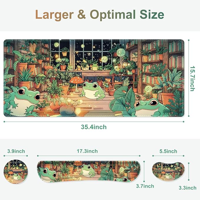 Large Gaming Mouse Pad Set, 4 in 1 Ergonomics Keyboard Desk Mat with Memory Foam Wrist Rest, Computer PC Extended Game Mousepad, Non-Slip Desk Matt Easy Typing Pain Relief I Frog & Mushroom