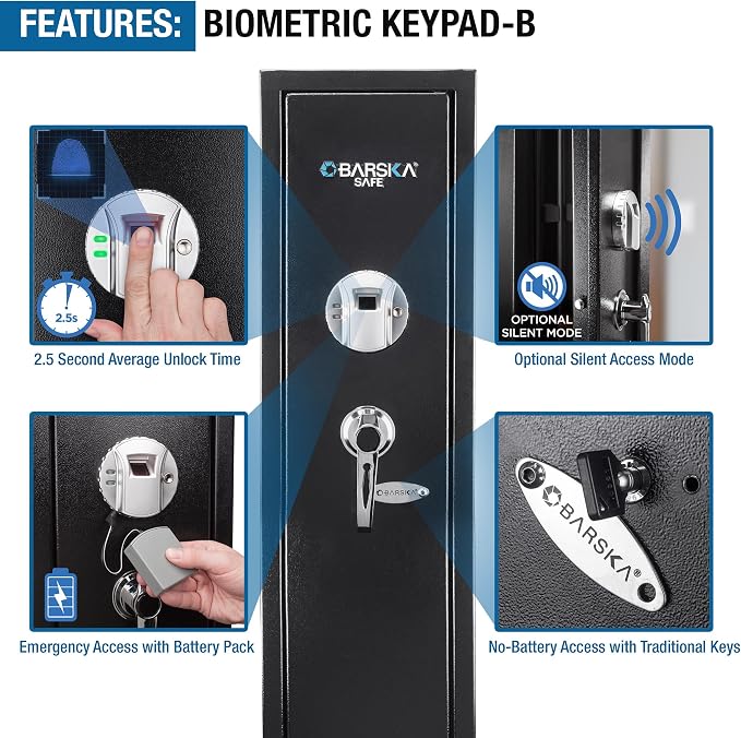 Barska Biometric Rifle Gun Safe – Quick Access Fingerprint Long Gun Safe for Home, DOJ Approved, Silent Mode, Removable Shelf, Backup Keys & Battery