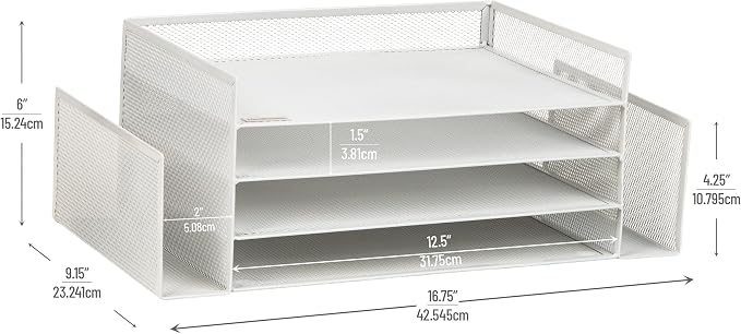 Mind Reader Desktop Organizer, File Storage, Paper Tray, Workspace, Office, Metal Mesh, 16.75"L x 9.15"W x 6"H, White