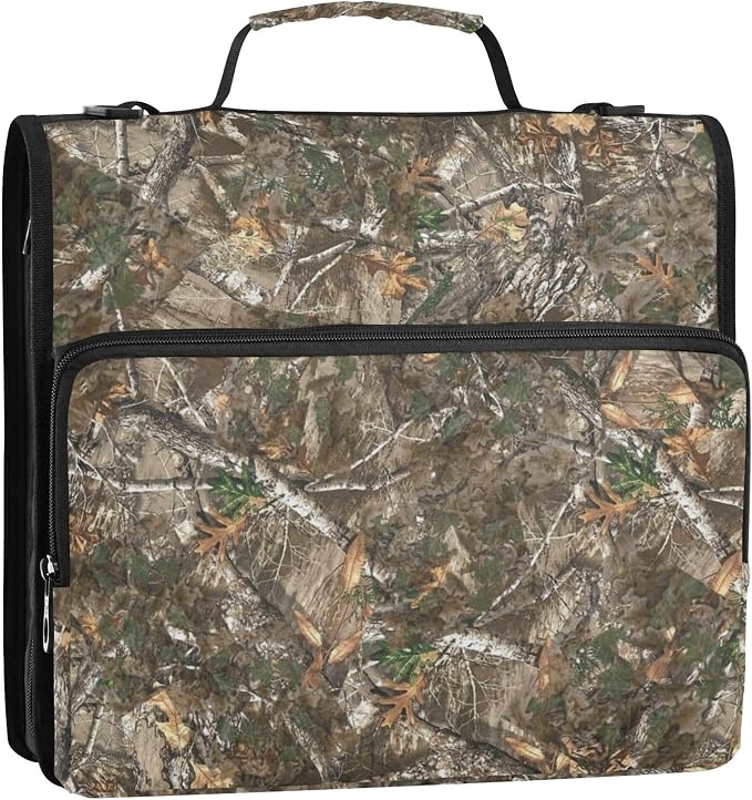 Fisyme Forest Trees Leaf Retro Zipper Binder 3 Ring with Zipper and Shoulder Strap Large Capacity Multi-Pocket Binder Organizer