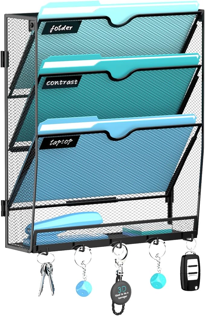 4-Tier Wall File Organizer and Mail Organizer with 5 Hooks, Black | Label slots, curved openings, 5 key hooks, and a bottom tray support organized mail, file, and everyday item storage.