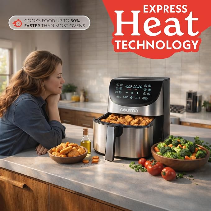 Gourmia Air Fryer - 8 Qt Extra Large Capacity, FryForce360º, Digital Display with 12 Presets, Roast, Bake, Broil, Dehydrate, Dishwasher Safe Accessories, Stainless Steel
