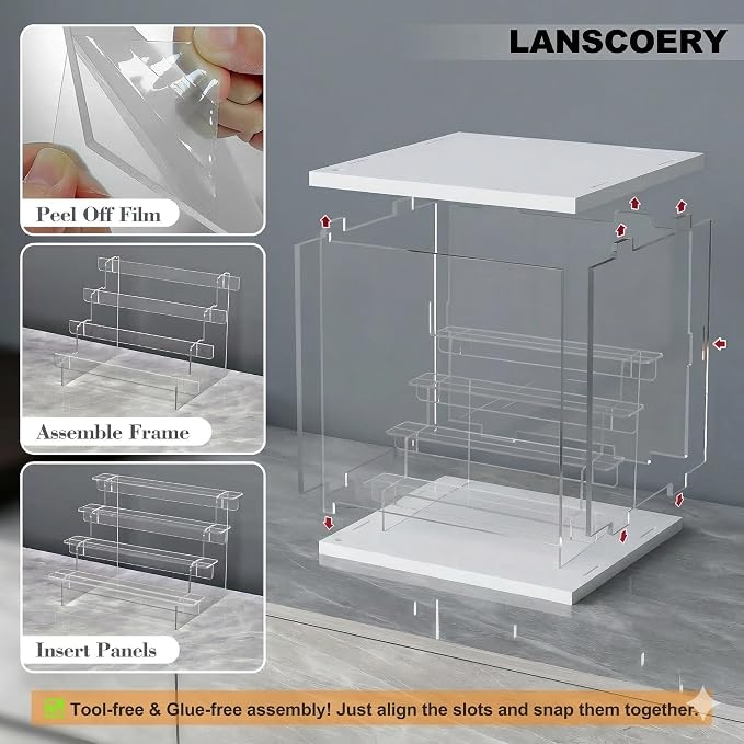 LANSCOERY Acrylic Display Case for Collectibles, 3-Tier LED Light, White | 3mm clear acrylic panels with front door access and tri-color top light for small figures on a desk or shelf.