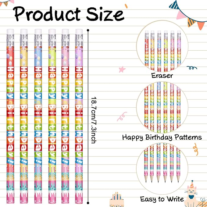 120 Pcs Happy Birthday Pencils Colorful Birthday Pencil for Students Teacher Wooden Pencils with Erasers Birthday Party Supplies, 6 Style(120)