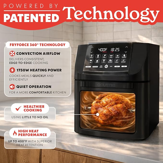 Gourmia Air Fryer - 14 Qt All-in-One Oven with Rotisserie, Digital Display with 12 Presets, Roast, Bake, Broil, Dehydrate, Dishwasher Safe Accessories, Black