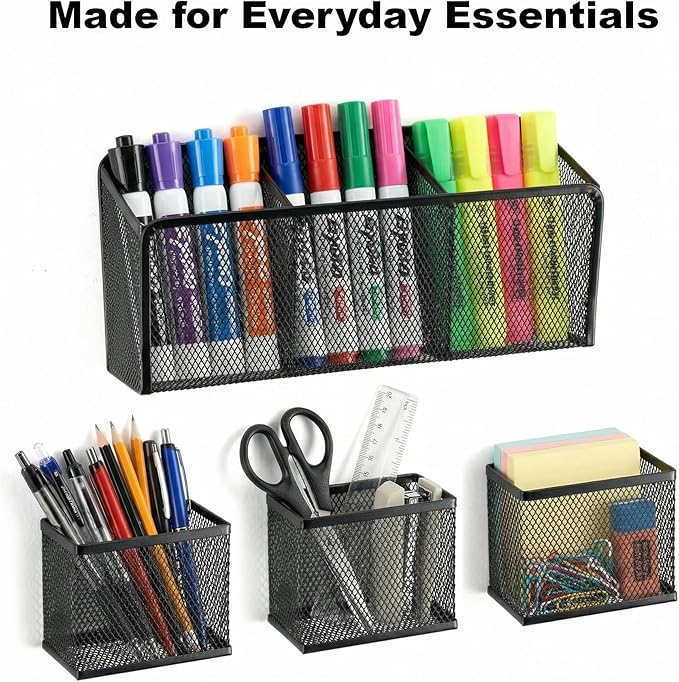 Neudeco Magnetic Pencil Holder, Black, Pack of 4 | Metal Mesh Storage Basket, Locker Shelf Organizer, For Whiteboard & Refrigerator, School & Office Supplies