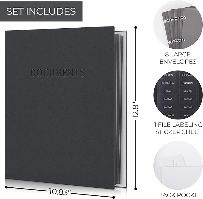 Important Document Organizer Set with Folders - Complete Linen Ring Binder | Safely Stores All Documents and Files in One Place - Easy to Use Expanding Storage with Envelopes, Pockets and Labels