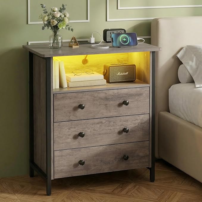 27 Inch LED Nightstand with Charging Station & 3 Drawers, Gray | RGB App Control, 2 AC Outlets & 2 USB Ports, Open Storage, Adjustable Feet, Wood Tall Nightstand for Bedroom or Office