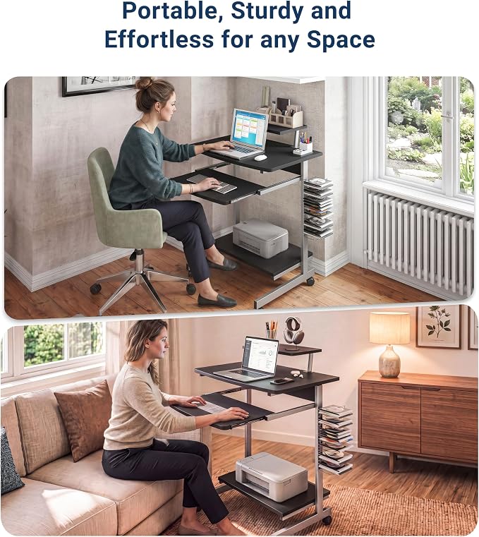 Techni Mobili Rolling Computer Desk Cart w/ Keyboard Tray & Wheels, Black | Locking casters, printer stand, office cart, compact desk, home office, small space computer workstation