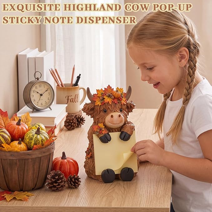 Thenshop Fall Highland Cow Pop up Sticky Note Dispenser with 100 Sheets | Resin Highland Cow Sticky Note Holder, Highland Cow Desk Accessories, Autumn Maple Leaves Berry, Classroom School, 3 x 3 Inch