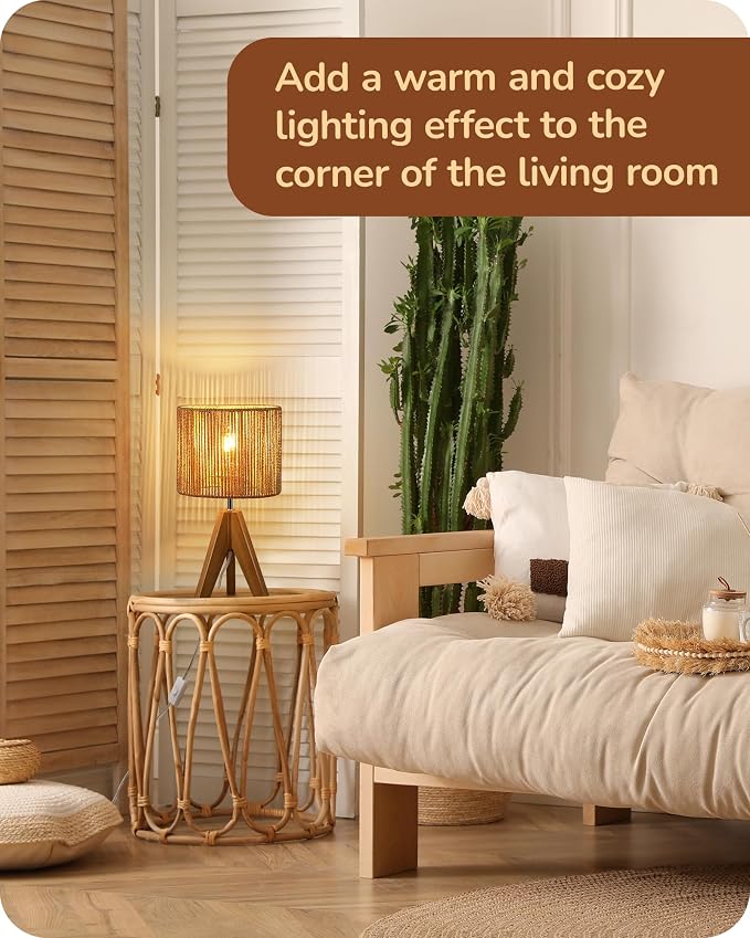 EDISHINE Small Rattan Table Lamp, Wood Tripod Bedside Lamp, 14.2", E26 Base | Natural Style, E26 Socket, Boho Nightstand Light for Living Room, End Table, Office, Rosewood Color&Vertical Stripe Shade
