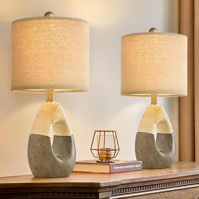 19” Boho Table Lamps Bedroom Living Room Set 2,Suitable for Small Space,Small Farmhouse RattanTable Lamp Rustic Egg Design Resin Light Decoration,Nightstand Bedside Lamps for Office Study Rest