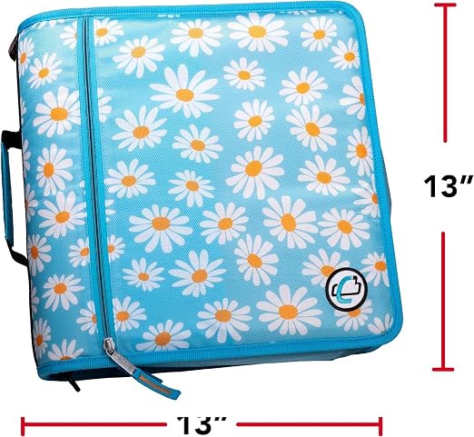 Case-it Mighty Zip Tab School Binder w/ 3-Inch O-Rings - 600-Sheet Capacity, 5-Subject Expanding File, Multiple Storage Pockets & Shoulder Strap, D-146 Light Blue Daisy (Pack of 6)