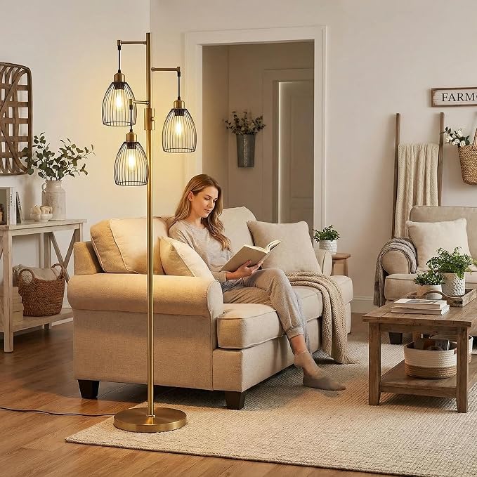 Dimmable Floor Lamp, Industrial Floor Lamps for Living Room, Antique Brass Tree Lamp Standing Lamp Tall Lamps with 3 Elegant Teardrop Cage Head & 800 Lumens LED Bulbs for Living Room Bedroom Office