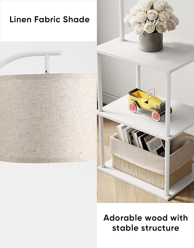 Floor Lamp with Table, Night Stand with Lamp, Narrow Side Table with 3CCT LED Bulb, Small Coffee Table, Modern End Table with Storage Shelves for Living Room Bedroom Home Décor, White