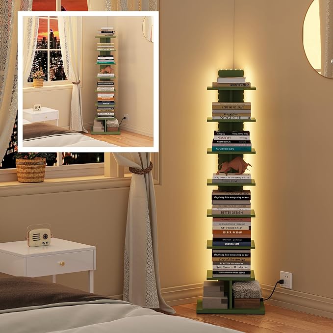 TUTOTAK Book Shelf, Narrow Spine Bookshelf, 8-Tier Bookcase with LED Lights | 10.4 x 13.4 x 47.5 Inches Vertical Freestanding Corner Shelf for Living Room, Office, Small Space, Olive Green BS06BOG008L