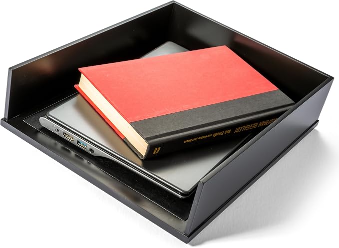 Victor 1142-5 Midnight Black Collection Front Load Letter Tray, Matte Black Paint with Faux Leather Tray Pad for a Professional Look