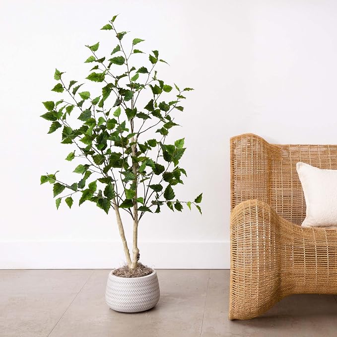 Nearly Natural 4 ft Artificial Birch Tree Real-Touch Leaves Indoor Plant | Nature-Inspired Detail, Light-Hued Bark, Flexible Branches, Stable Nursery Planter Included, Modern Living Room Decor Accent