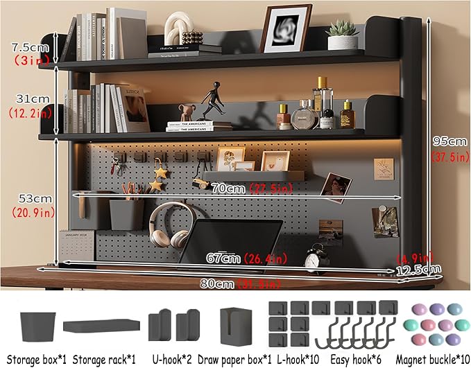 31.5 Inch Clip-on Desktop Organizer Bookshelf with Pegboard, Desk Shelf Organizer, Multipurpose Computer Desk Desktop Bookshelf, Desk Extender Pegboard Clamp, Desktop Display (Black)