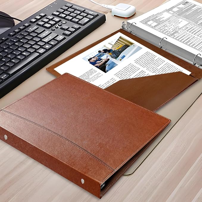 Vintage Faux Leather 3-Ring Binder, 2-Inch Spine, Round Ring, Fits Letter Size 8.5" x 11" Paper, Built-in Interior Pockets, Professional Document Binder (Brown, 2 Inch)