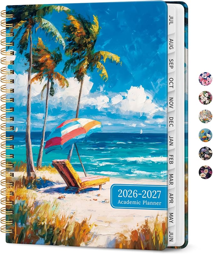 Planner 2026-2027, Monthly & Weekly Jul 2026-Jun 2027 Calendar Book | 6.3" x 8.5", Hardcover Spiral Planner with Tabs, School & Daily Pretty Agenda for Women, Students, Teachers, Coastal Breeze