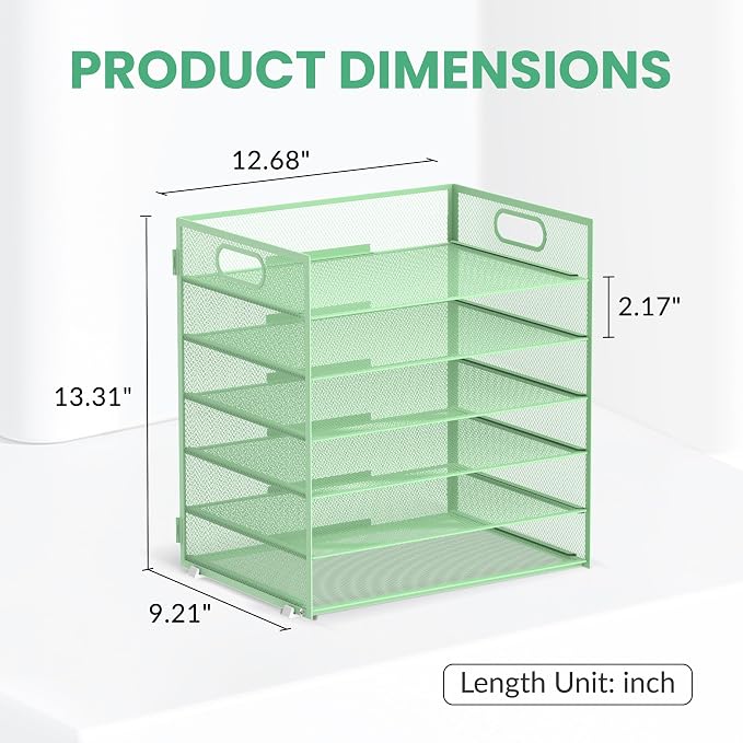 Daltack 6-Tier Paper Organizer for Desk with Handle, Green, 2 Pack | Sturdy Metal Mesh Organizer with Movable Middle Trays and a Carry Handle for Papers, Folders and Office Supplies