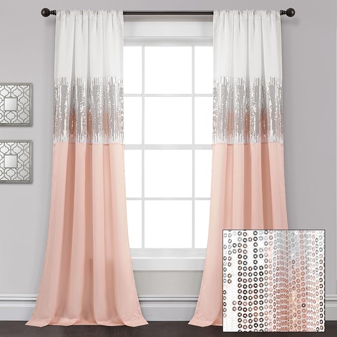 Lush Decor Night Sky Window Curtain Panel, Single 42"W x 84"L White & Blush - Sequin Backdrop Curtain - Room Darkening Curtains For Bedroom - Glam Decor