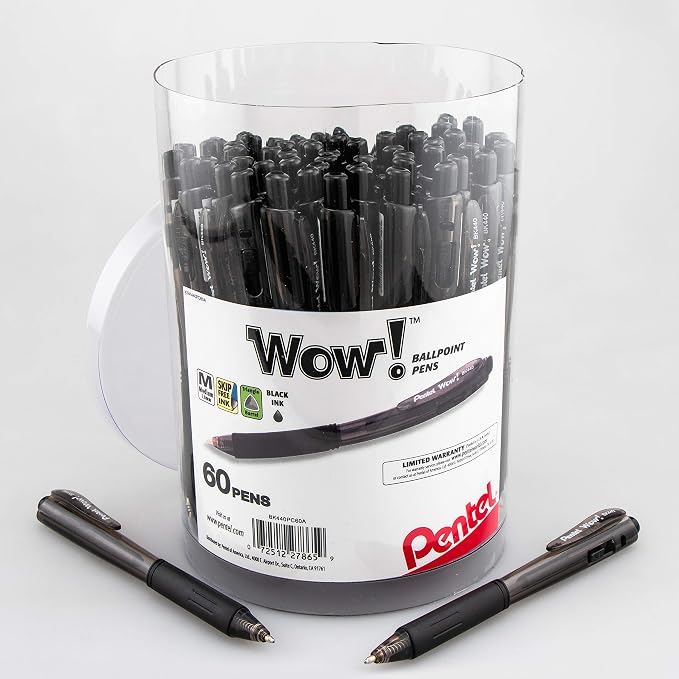 Pentel WOW! Ballpoint Pen, (1.0mm) Medium Line, Black Ink, Pack of 180, Canister (BK440PC60A)
