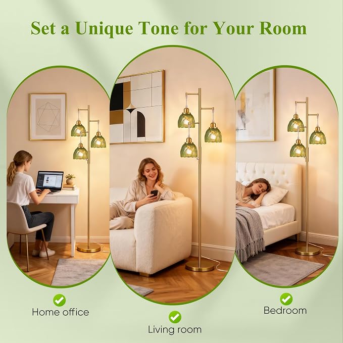 ROTTOGOON Dimmable Gold Floor Lamps for Living Room, Vintage Tree Standing Lamp with Glass Shades, 3 Light Mid Century Flower Floor Lamps for Bedroom, Office, 6W, Brushed Gold & Green Shades