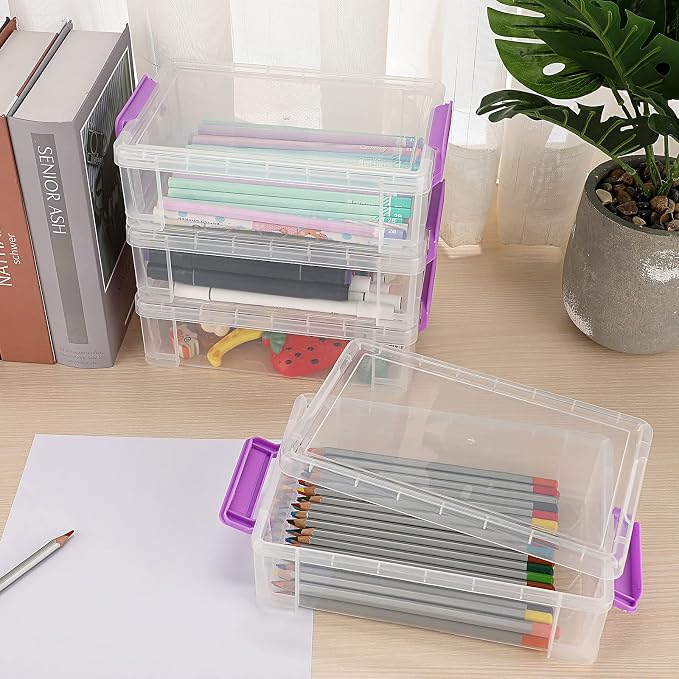BTSKY 4 Pack Extra Large Plastic Pencil Box Stackable, Translucent, Purple | Clear Pencil Caase Crayon Box Set Marker Organizer Art Supply Storage Organizer for Gel Pens Pencils Erasers Tape Markers etc