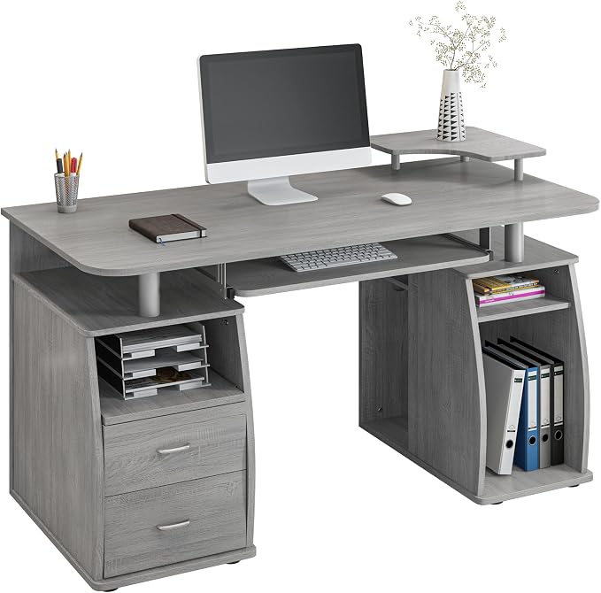 Techni Mobili 47" Computer Desk w/Drawers, Storage & Printer Shelf, Grey | 47" desk with drawers, printer shelf, pull‑out keyboard tray, open storage, sturdy frame, spacious workstation home office