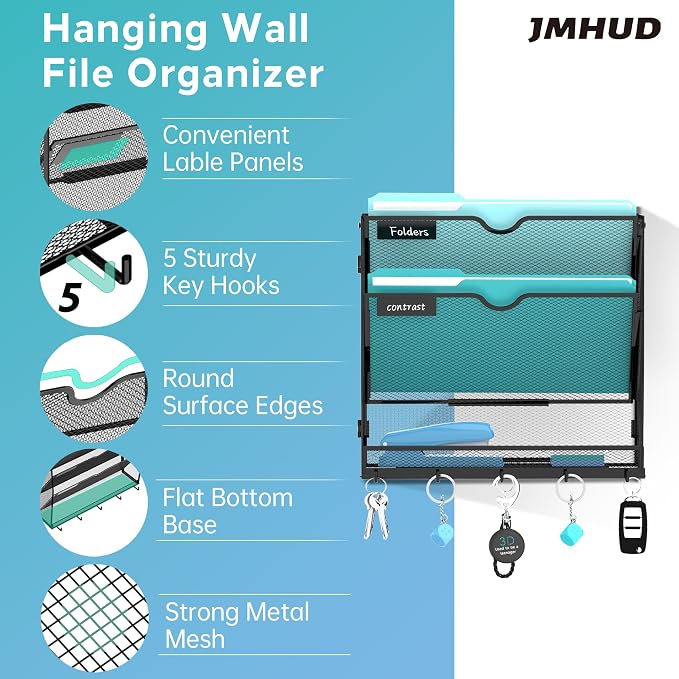 3-Tier Wall File Organizer and Mail Organizer with 5 Hooks, Black | Label slots, curved openings, 5 key hooks, and a bottom tray support organized mail, file, and everyday item storage.