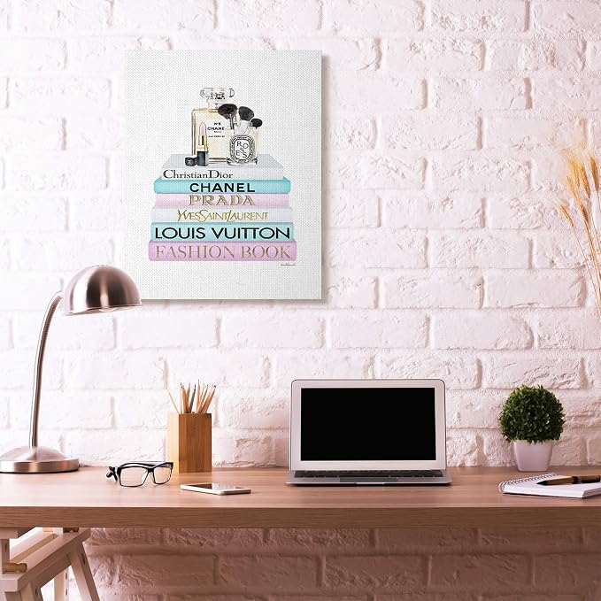 Fashion Designer Makeup Bookstack, 30 x 40 Inch Canvas Wall Art | Stupell Industries · By Amanda Greenwood · Ready to hang · Great for fashion inspired spaces · Made in USA