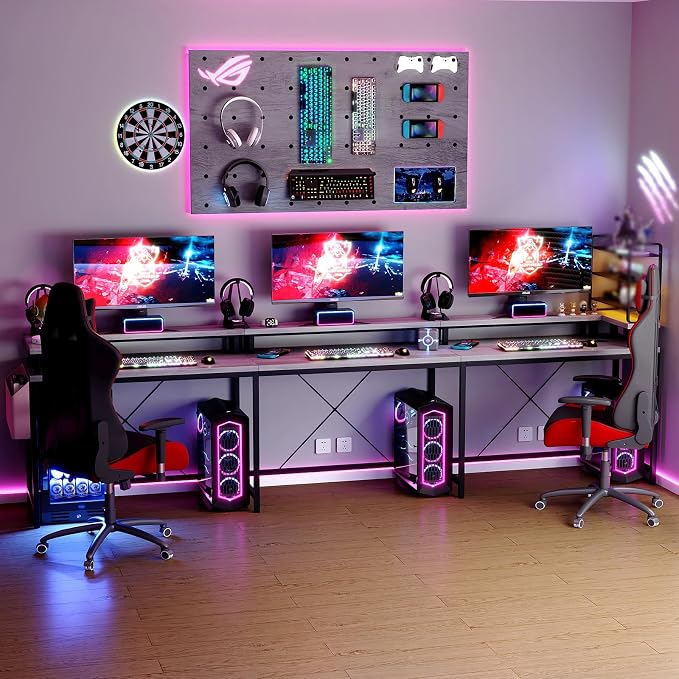 Reversible u Shaped to l Shaped Computer Desk with RGB Lighting & Charging Station, 79 Inch Home Office Workstation with Full Monitor Stand, Heavy Duty Gaming Desk Supporting 600LBS, Multiple Color Op
