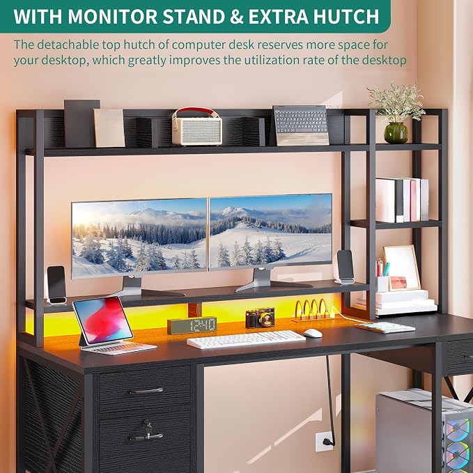 YITAHOME Computer Desk with Drawers & Hutch, 59.1" Office Desk with LED Lights & Power Outlets, Gaming Desk with Monitor Stand & Storage Shelves, Black