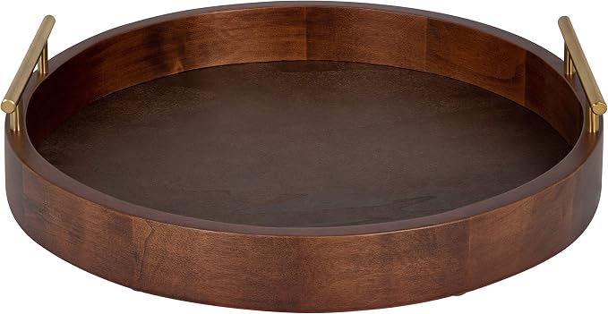 Kate and Laurel Lipton Mid-Century Modern Round Wooden Tray, 15.5" Diameter, Dark Walnut Brown with Gold Handles, Decorative Accent Tray for Storage and Display