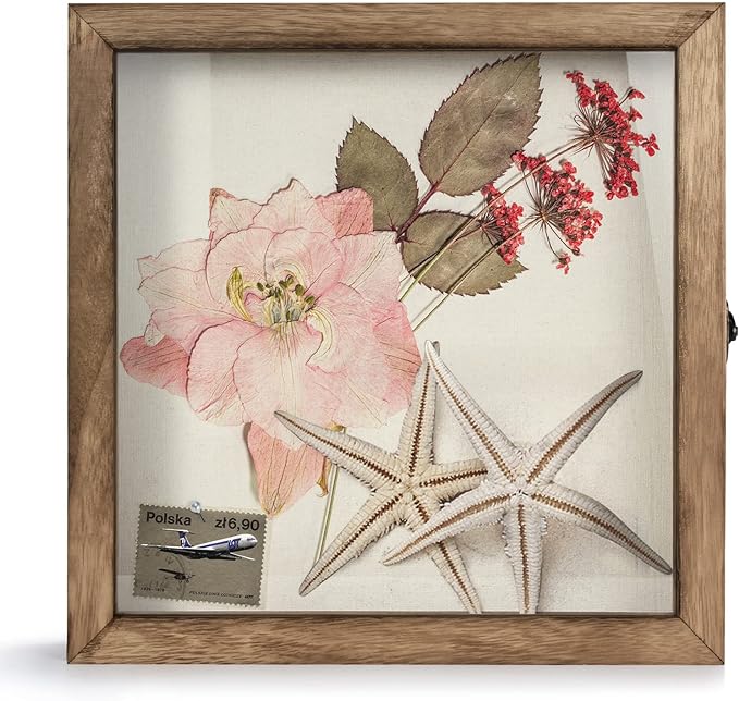 TJ.MOREE Shadow Box 12x12 Memory Display Case Wood Picture Frame Carbonized | Fits 10.6x10.6 Inserts with Linen Back & Glass, Rustic Keepsake Box for Pet Memorabilia Gifts Wedding Bouquet Military Medals