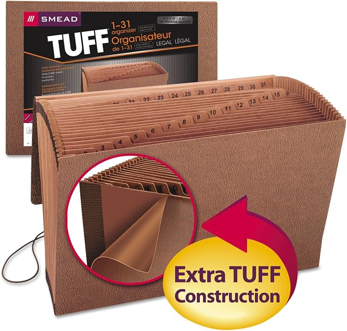 Smead TUFF Expanding File, 31 Pockets, Daily (1-31), Flap and Cord Closure, Legal Size, Redrope (70369)