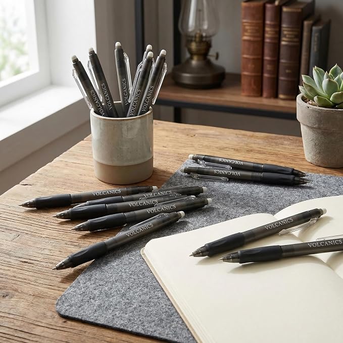 Volcanics Retractable Erasable Gel Pens, Soft Black, 0.7mm, 12 Pack
