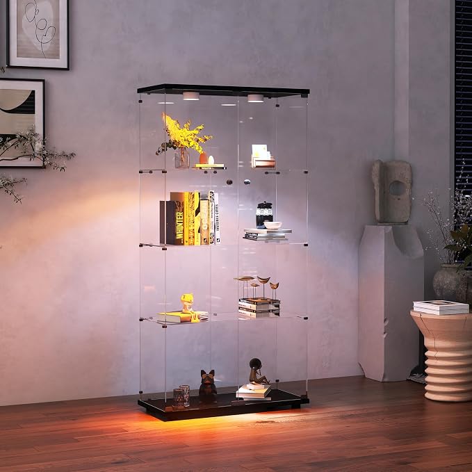 Frameless Glass Display Cabinet, Curio Cabinet Display Case with LED Lights and Lock, 2 Doors Quick-Install Floor Standing Showcase Display Shelf for Collectibles, Legos, Figures, Plants