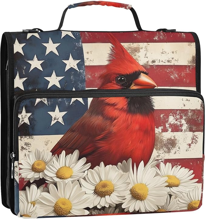 Cardinalbird American Flag Daisy Zipper Binder Bag 3 Ring Binder with Shoulder Strap Zip Up 500 Sheets Capacity Multi Pockets for School Office Supplies