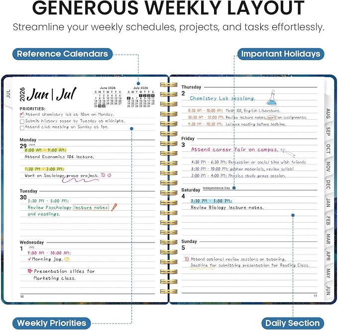 Academic Planner 2026-2027, Jul 2026-Jun 2027 Monthly & Weekly Planner