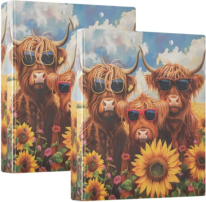 Custom 3 Ring Binder Highland Cows Sunflowers 1.5" Round Ring Binders Personalized Name View Binder with 200 Sheet for Women Men Office Kids School Supplies, 1 Pack