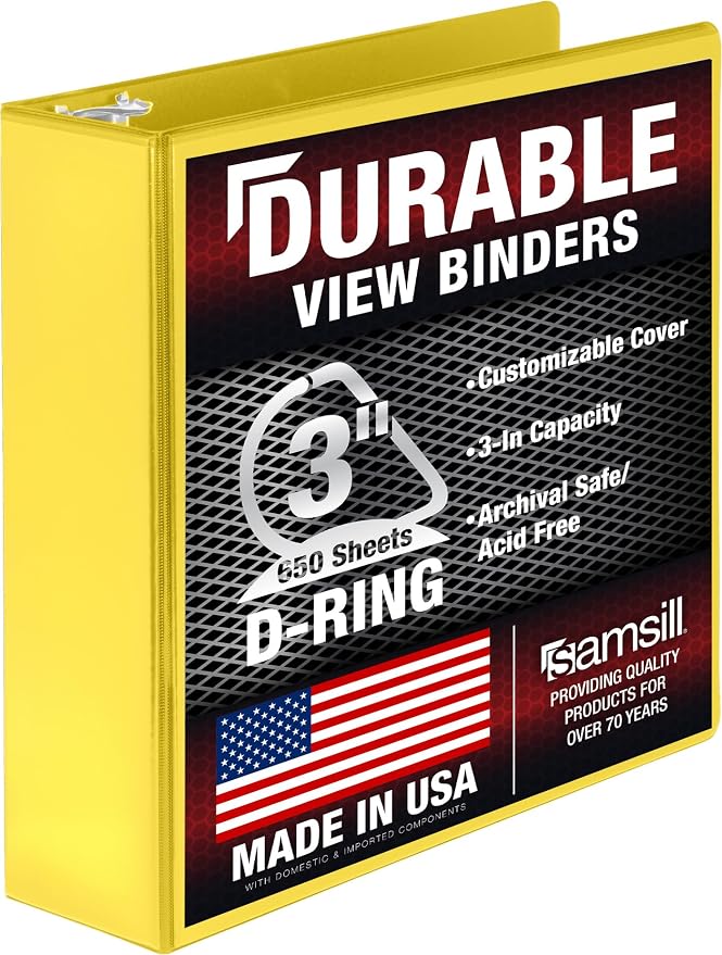 Samsill Durable 3 inch 3 Ring Binder, D Ring Binder, 100% Recycled Chipboard, Yellow