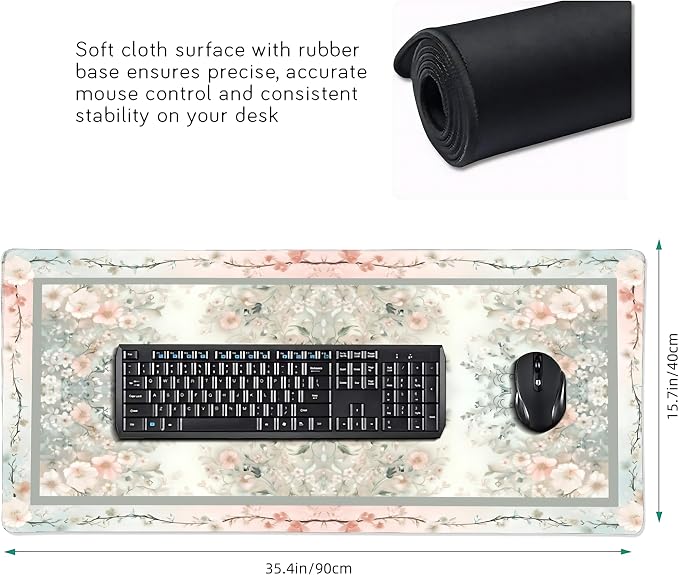 Cute Floral Aesthetic Daisy Gaming Mouse Pad, Morandi Rug Desk Mat with Anti-Slip Base & Stitched Edges,35.4" x 15.7" in Table Mat for Computer Desktop, Beautiful Workstation Decor