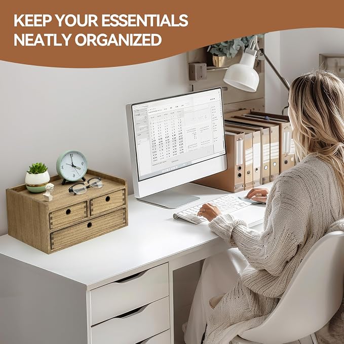KIRIGEN Wooden Desk Organizer with 3 Drawers and Top Shelf Brown DT2D3C-DBR | 3-Drawer Cabinet with Top Shelf Stores Papers, Office Supplies, Cosmetics, Crafts, and Small Accessories on Desks or Counters