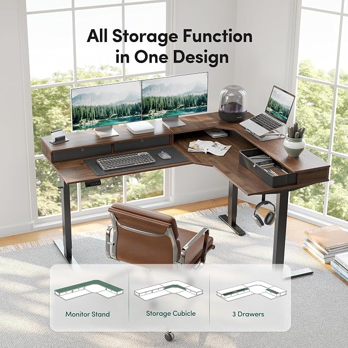 CubiCubi 63x48 Inches L Shaped Standing Desk with 3 Drawers and Monitor Shelf, Height Adjustable Corner Computer Desk with Hooks, Sit Stand Up Ergonomic Home Office Workstation Table, Deep Walnut