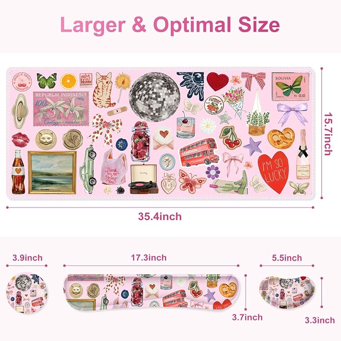Desk Mat Pad, Gaming Mouse Pad Wrist Support Set, 4 in1 Non-Slip XXL Large Mousepad + Ergonomic Keyboard Wrist Rest+Mouse Wrist Rest+Coaster for Home Office Computer I Pink Colorful Stickers