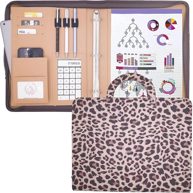 ECEIRO Leather Portfolio Ring Binder - Three Ring Binder Organizer Zippered Padfolio Folder Portfolio Organizer with Hidden Handle Cute Office Leather Binder - Gifts Supplies for Women